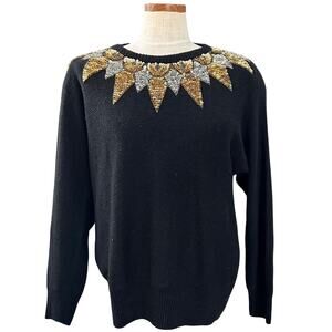 Silvercord Vintage Silk Angora Beaded Sequin Sweater M Sunburst Collar Black